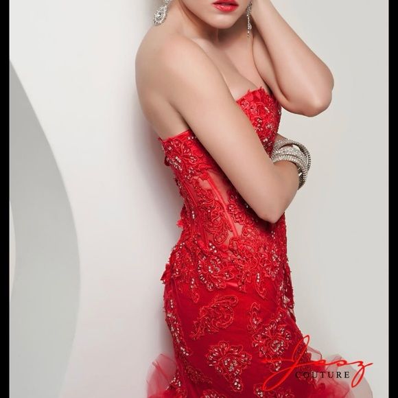 Jasz Couture 4920 Red Mermaid Dress with Custom Sleeves - Picture 3 of 6
